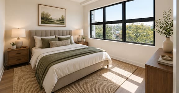 A bedroom with a large bed and a painting on the wall.