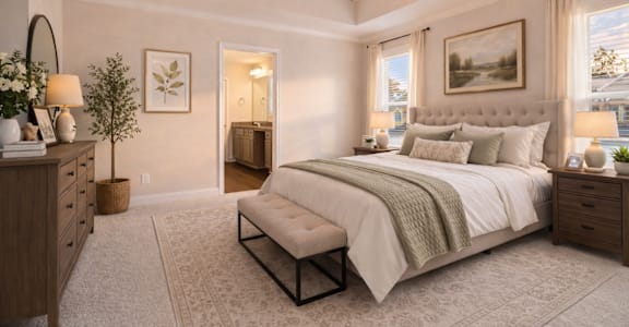 A bedroom with a large bed, a bench, and a ceiling fan.