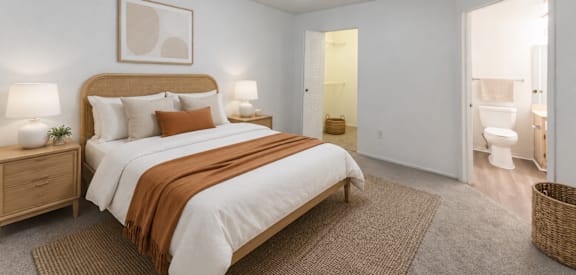 A bedroom with a bed, nightstand, and a ceiling fan.