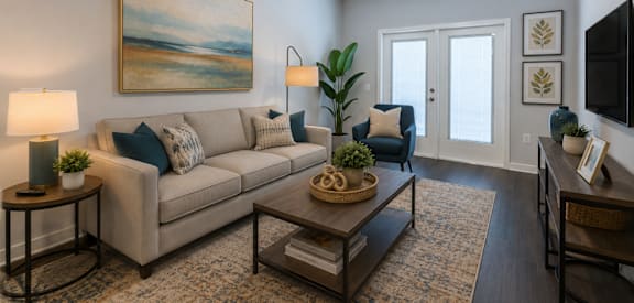 A living room with a beige couch, a coffee table, and a painting on the wall.