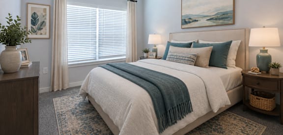 A bedroom with a large bed and a painting on the wall.