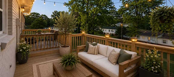 A wooden deck with a couch, coffee table, and string lights.