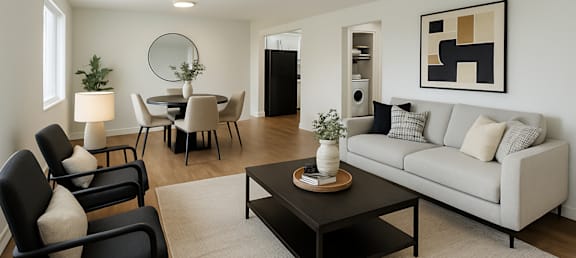 A modern living room with a black coffee table and a white sofa.