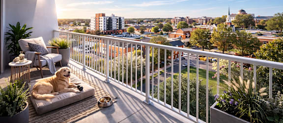 A dog is sitting on a cushion on a balcony with a cityscape in the background.