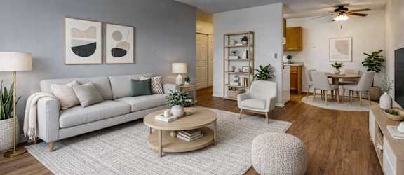 A living room with a white couch, a grey rug, a wooden coffee table, and a dining table with chairs.