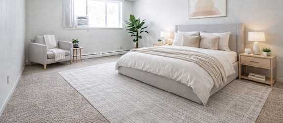 A bedroom with a large bed, a chair, and a plant.