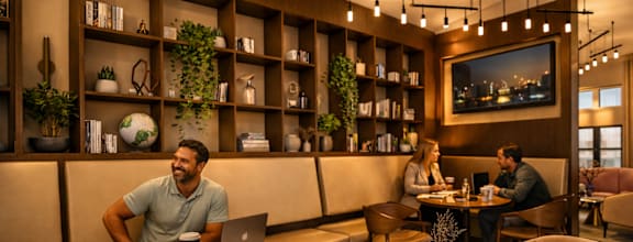 A man is sitting at a table with a laptop and a cup of coffee in a modern café.