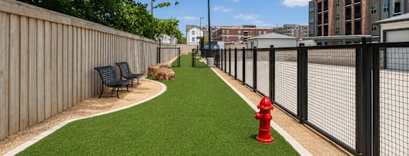 A red fire hydrant sits on a green lawn next to a black fence.