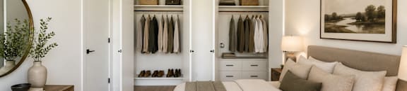 A bedroom with a large bed and a wardrobe with clothes hanging on it.
