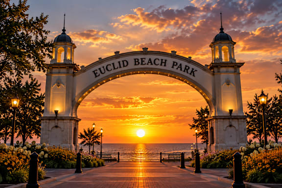 The image shows a beautiful sunset at Euclid Beach Park with the sun setting behind the archway.