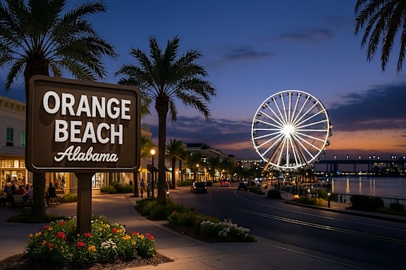 A sign that says Orange Beach Alabama in front of a ferris wheel.