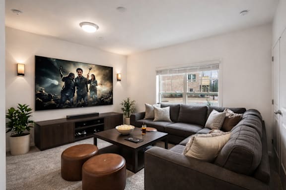 A living room with a large screen TV and a grey couch.