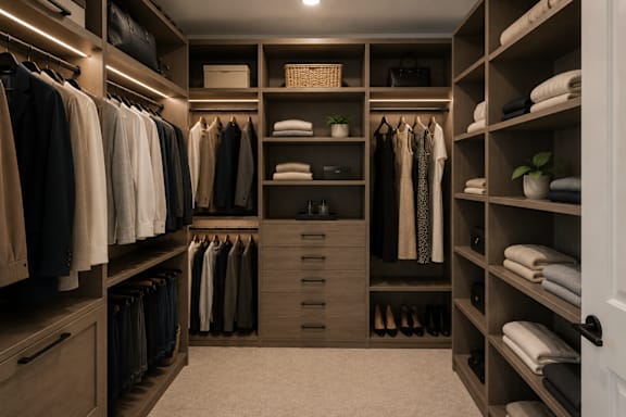 A walk-in closet with clothes and shelves.