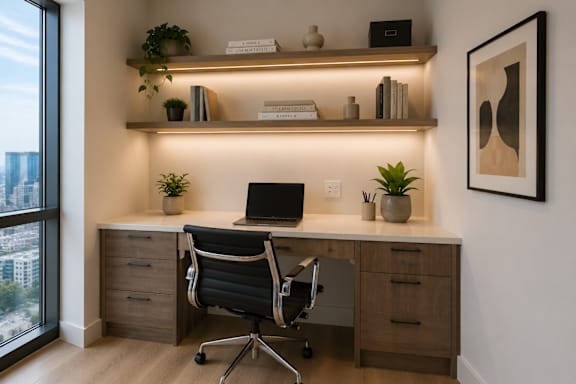 A modern home office with a laptop, chair, and shelves with decorative items.