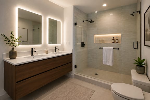 A modern bathroom with a double sink vanity and a walk-in shower.