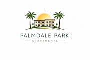 A logo for Palmdale Park Apartments featuring a house, palm trees, and a sun.