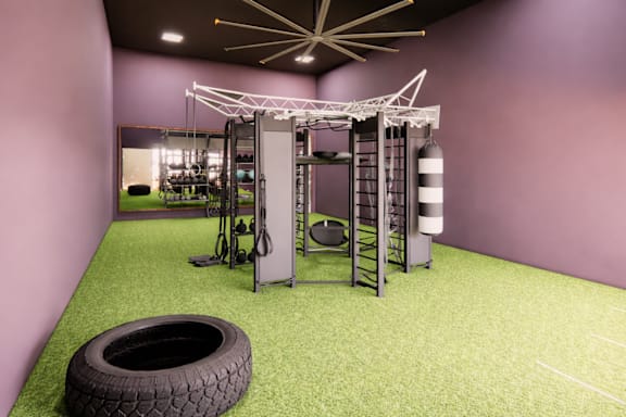 A gym with a purple wall and a green floor.