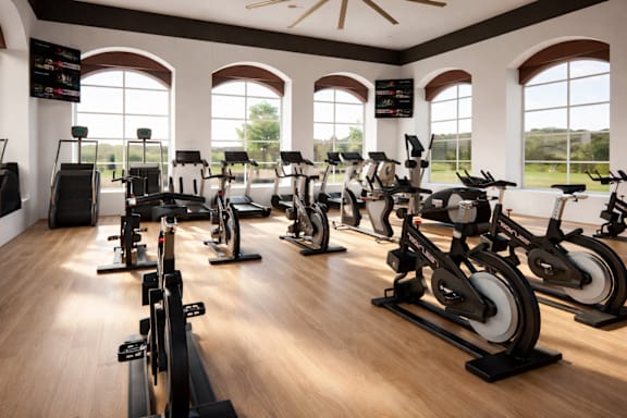 A gym with a row of exercise bikes.