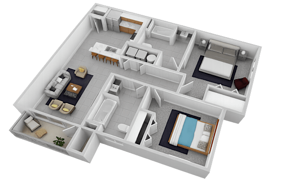 A 3D floor plan of a house with a living room, kitchen, dining room, and bedrooms.