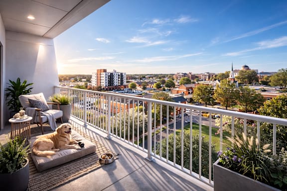 A dog is sitting on a cushion on a balcony with a cityscape in the background.