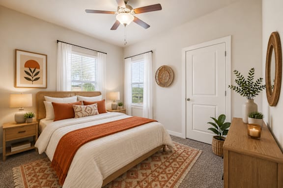 A bedroom with a large bed and a ceiling fan.