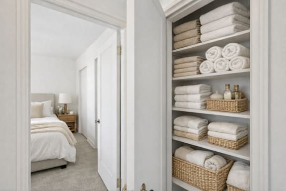 A white bathroom with a towel shelf and a bed.