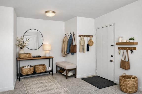 A hallway with a bench, coat rack, and baskets.
