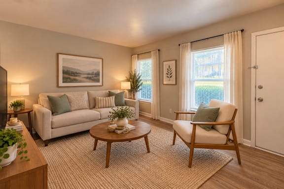 A living room with a couch, chair, and a painting on the wall at Lifestyle at Shreveport in Shreveport, LA, 71109.