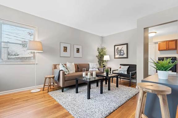 A living room with a brown couch, a black coffee table, and a grey rug.
