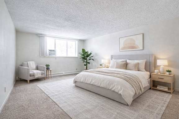 A bedroom with a large bed, a chair, and a plant.