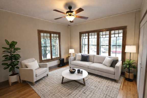 A living room with a white couch, a coffee table, and a ceiling fan.