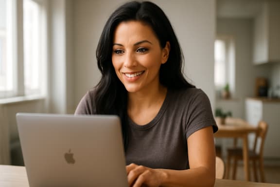 A woman is smiling while using a laptop.