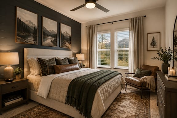 A bedroom with a large bed and a mountain scene on the wall.