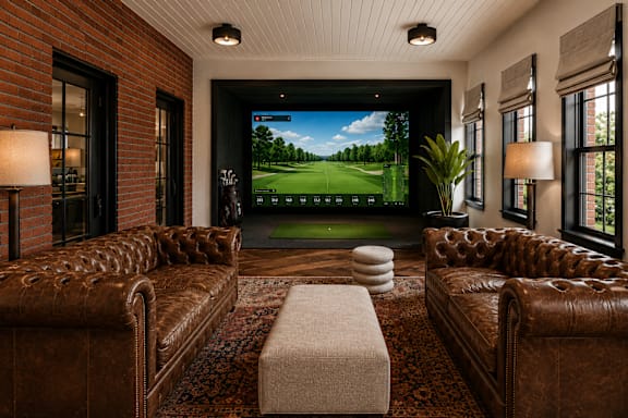 A room with brown leather couches and a large screen tv showing a golf course.