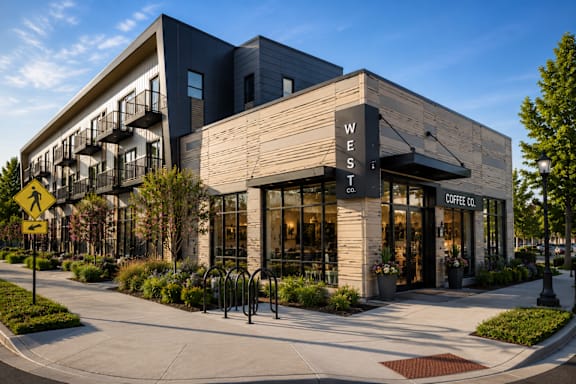 A modern building with the sign West Terrace Coffee Co. on the front.