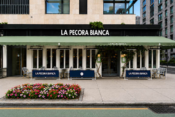 A building with a green awning and a sign that reads "La Pecora Bianca".