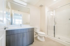 Folsom Apartments for Rent - Hub Apartments - Bathroom with Standing Shower, White Vanity Sink, and Large Mirror