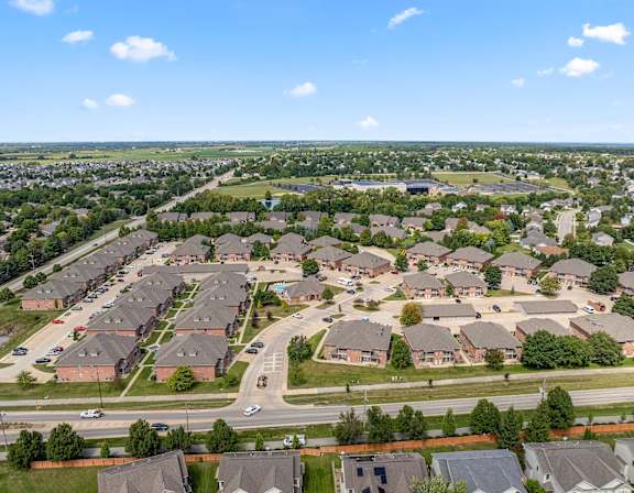 A suburban neighborhood with houses and streets.
