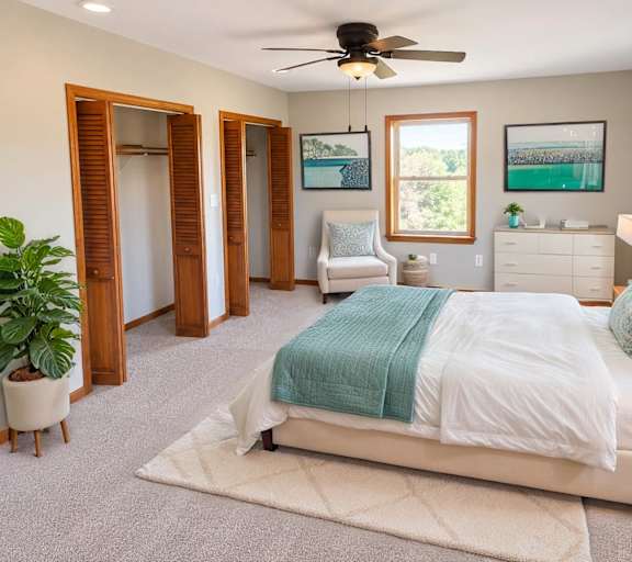 A bedroom with a large bed and a ceiling fan.