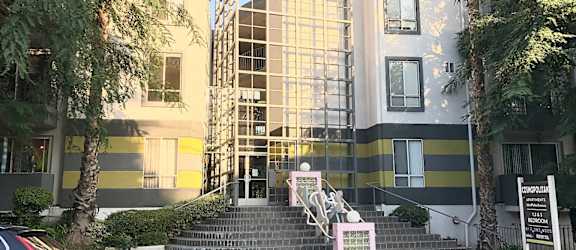 A building with a yellow and black striped facade.