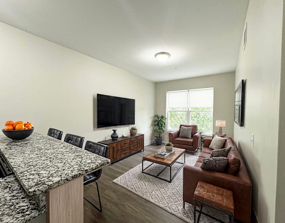 a living room with a couch and a table and a television