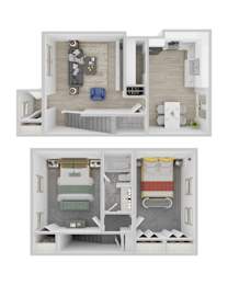 Parkins Ridge 2-bedroom floorplan. Downstairs has light brown LVT flooring, and the stairs and upstairs area have light gray carpet.