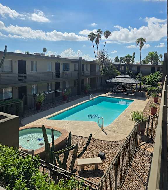 A pool surrounded by a fence and cacti.