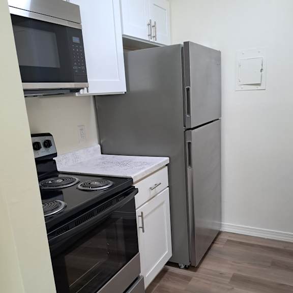 A kitchen with a stove, oven, microwave, and refrigerator.