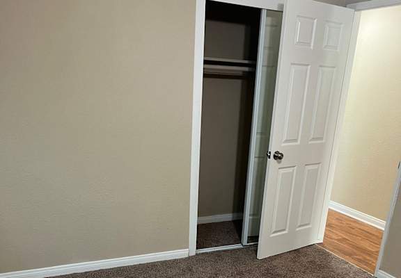 a carpeted room with a closet and a door