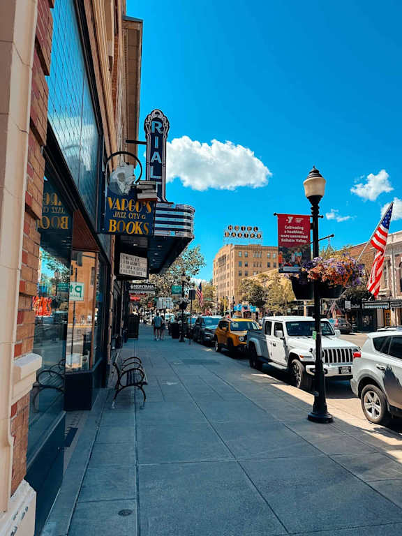 A street view with a book store on the left and a row of parked cars on the right.
