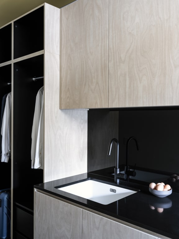 a kitchen with wooden cabinets and a sink and a black counter top