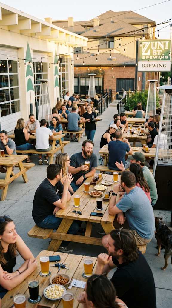 A group of people are sitting at tables outside a Zuni Brewing restaurant.