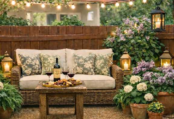 Cozy outdoor seating area at Lodi Commons Senior Living, Lodi, California