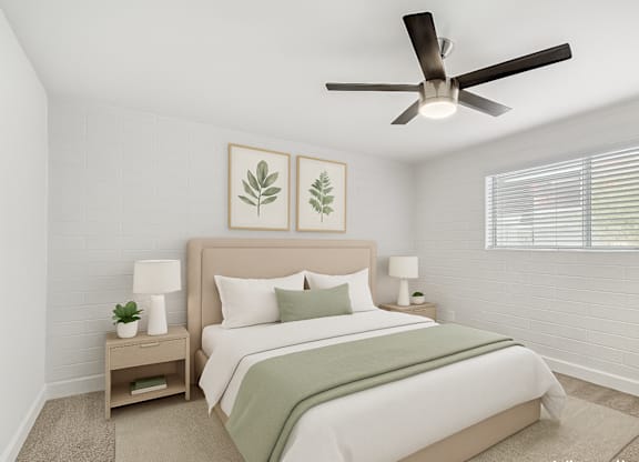 Bedroom with ceiling fan with light at Palm Villas, Scottsdale, AZ, 85257